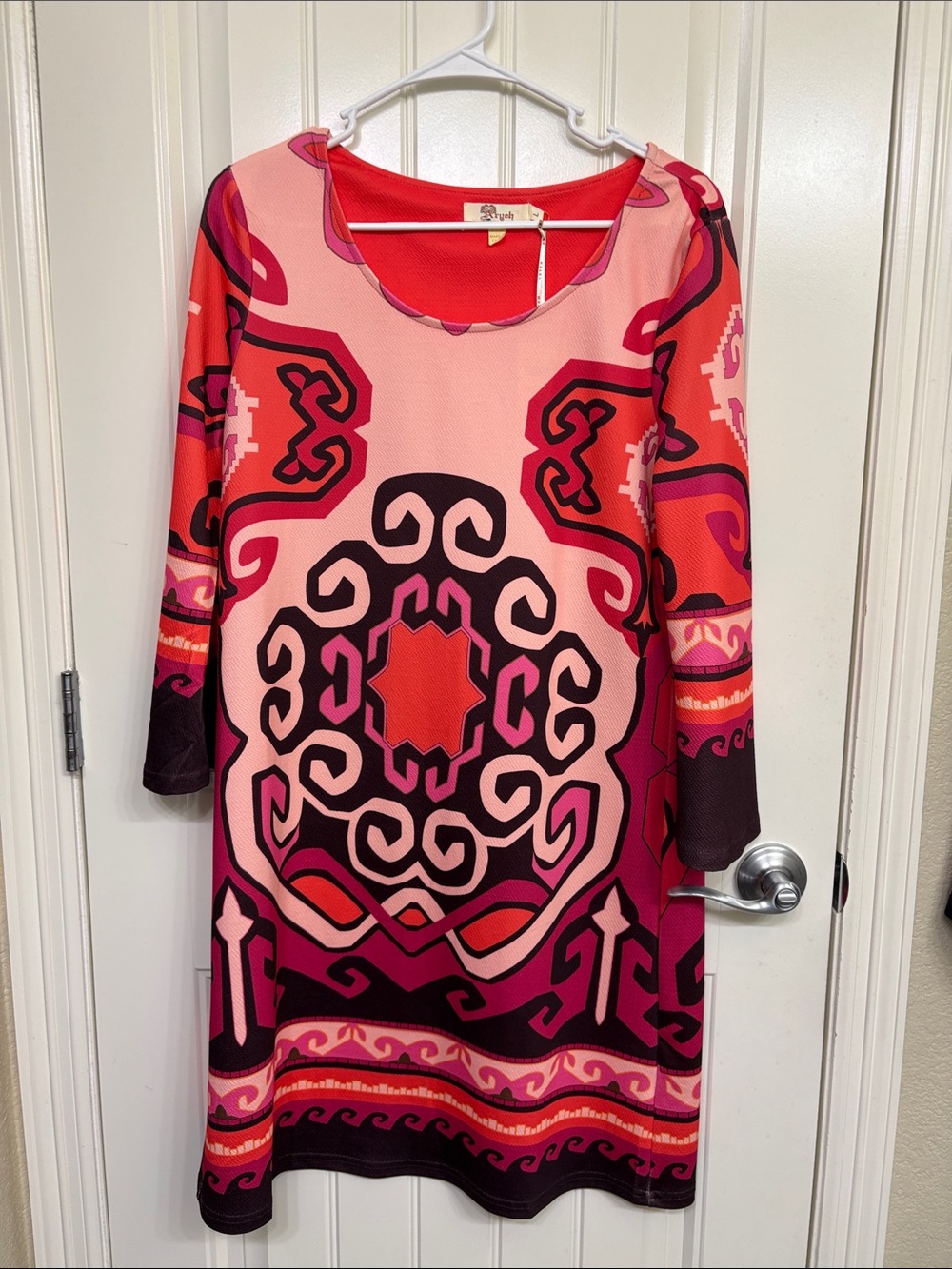 NWT Aryeh Anthropologie Pink & Red Patterned Women's Retro Dress Bold Geometric